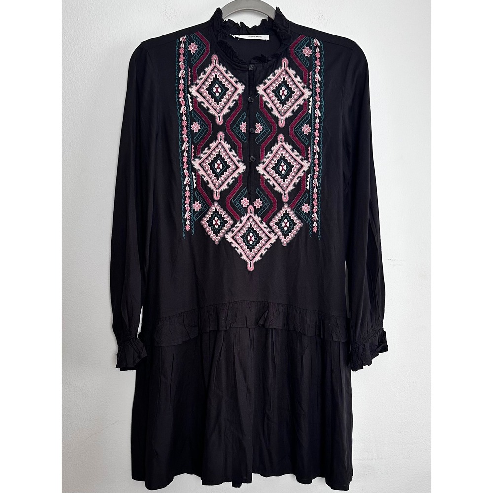 Sfera Embroidered Mini Dress Ruffle Neck Small Dark Romantic Peasant Folkloric